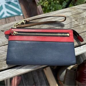 Coach Legacy 48176 Color Block Leather Zip Wristlet Wallet Blue/Orange Brass Zip